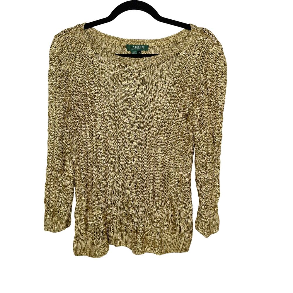 Lauren Ralph Lauren Womens XL Gold Metallic Cable Knit 3/4 Sleeve Sweater Crew